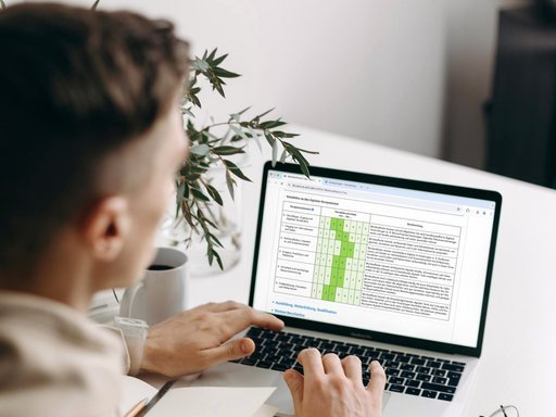 Eine Person von hinten vor einem aufgeklappten Laptop.